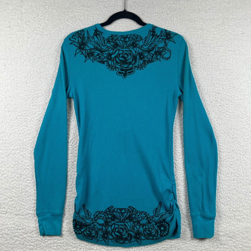 Fox Racing Henley Thermal Women L Waffle Knit Top Teal Blue Moto Y2K Goth Grunge